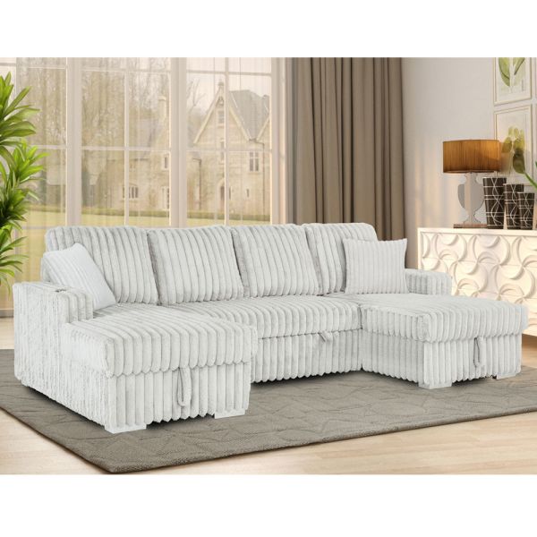 Buy U-Shaped Sectional Sleeper Sofa with Pull Out Bed and Storage Chaise and Cup Holders, Light Gray Corduroy Fabric at wholesale prices