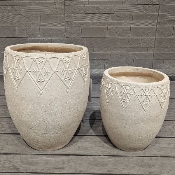 Intricate Floral Decor Neutral Beige Cylindrical Fiber Clay Lightweight Planter