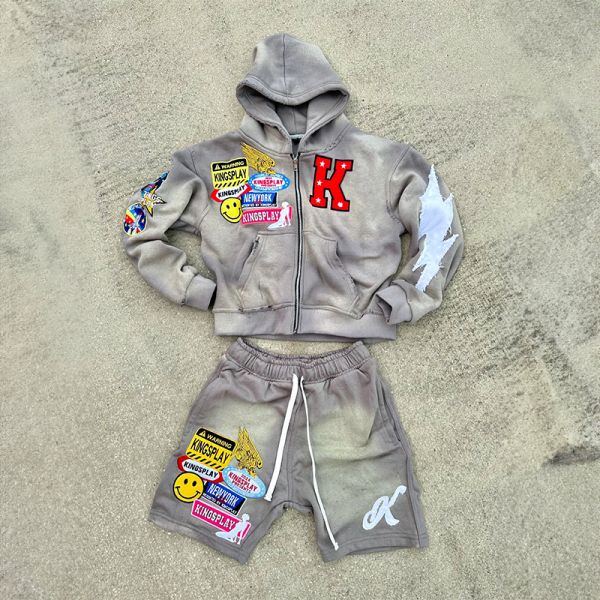 Custom Distressed Embroidery Patch Hoodie Acid Wash Vintage Zip up Hoodie Cotton Summer Shorts Tracksuits and Jogger Short Set