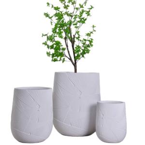 Radial Geometric Pattern Neutral White Round Fiber Clay Plant Pot