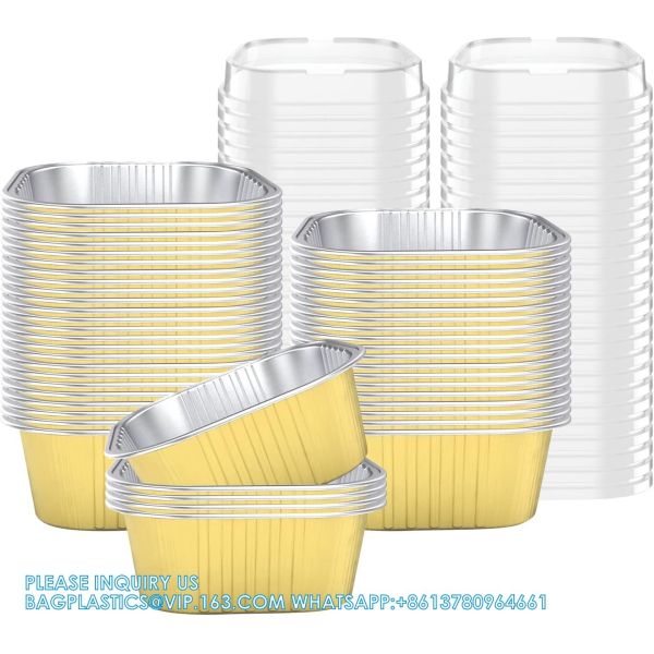 10 Oz Baking Cups Aluminum Foil Cupcake Cups With Lids Square 300ml Cake Pan For Desserts Flans, Creme Crisp Cups