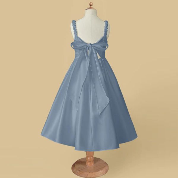 Wholesale Factory Lovely Blue Satin Flower Girl Dress A-Line Ruffles Tea-length Plus Size Sleeveless Children