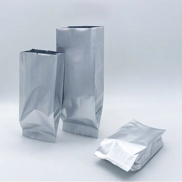 Glossy Silver Aluminum Foil Laminated Heat Seal Back Sealing Side Gusset Food Packaging Pouch Vacuum Food Tea Coffee Bean Bags