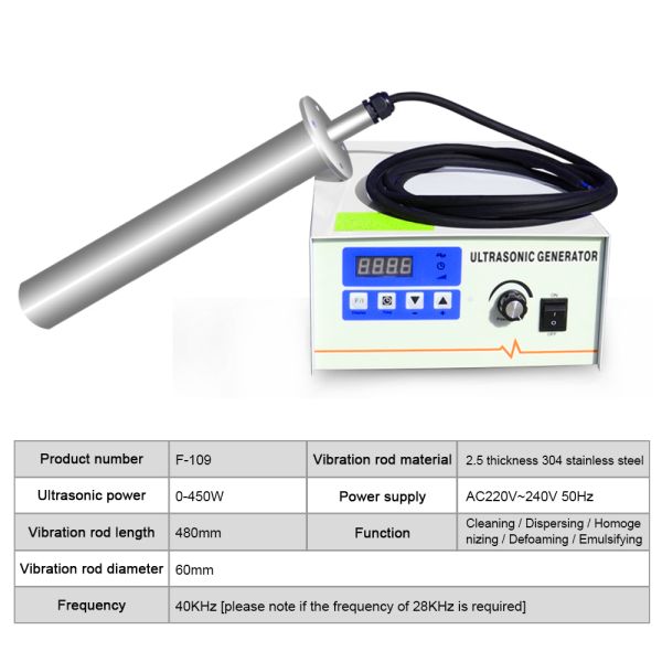 450W 40 Khz Immersed Ultrasonic Vibration Generator 480mm Length Stainless Steel SUS304