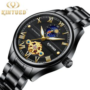 KINYUED luminous moon phase luxury black watch tourbillon automatic mechanical