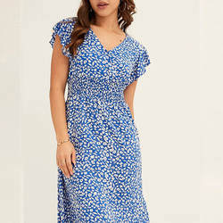 Custom Floral Printed V-Neck Ruffle Sleeve Maxi Dresses for Ladies