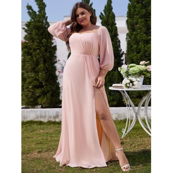 Plus Size Ruffled Long Sleeve High Slit Off-shoulder High Slit Purple Orchid Chiffon Cocktail Dress