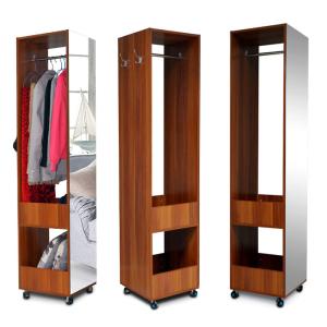 Multifunctional 180cm Movable Mirrored Wooden Clothes Wardrobe