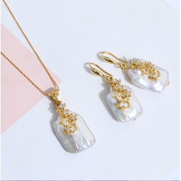 Women Natural Baroque Pearl Necklace Earring Classic Weddings Jewelry Chains