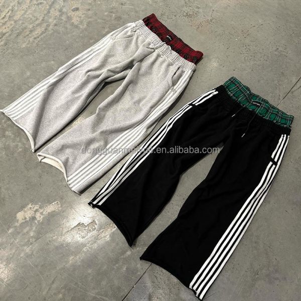 Custom Embroidery Logo Acid Wash Loose Trousers Wide Leg Faded French Terry Distressed Washed Double Waist Straight Sweatpants