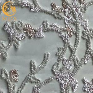Machine Embroidery Beaded White Lace Fabric MDX Sequin 20％ Polyester