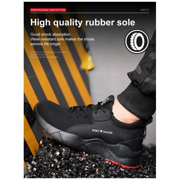 Black Men'S Casual Steel Toe Work Shoes , Sports Safety Shoes With Knitted Fabric Upper