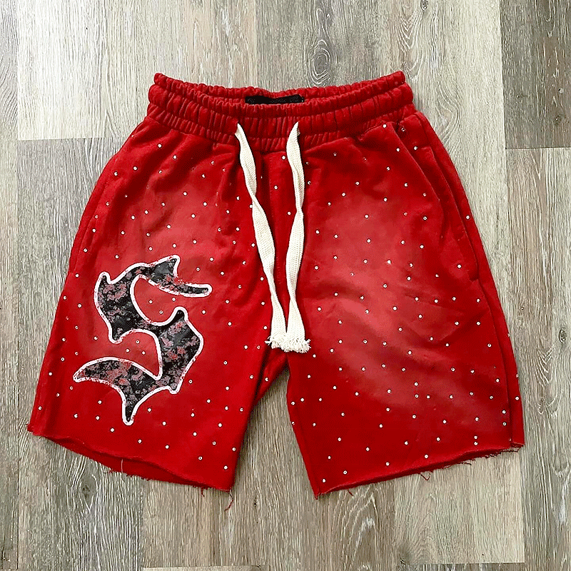 Custom Rhinestone Screen Print Logo Pocket Acid Wash Vintage Men's Shorts Sweat Cotton French Shorts Jogging Cotton Shorts