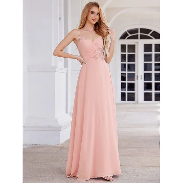Chic V-neck Pleated Sleeveless Backless A-line Empire Spaghetti Strap Applique Waist Pink Chiffon Prom Dress