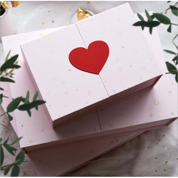 Gift Packaging Square Pink Heart Decoration Double Doors Cosmetic Box with Ribbon Closure