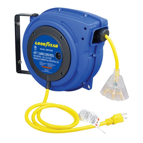 Buy Goodyear LED lighted Connector Enclosed Driven Spring cord reel with double adjustment function at wholesale prices