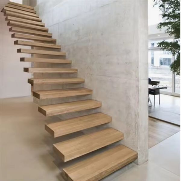 Buy Modern Design Customized Floating Wooden Staircase with Safety Glass Railing at wholesale prices