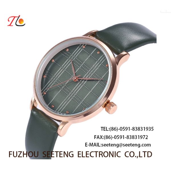 wholesale Pu watch Round dial Gridding alloy case quartz watch fashion watch