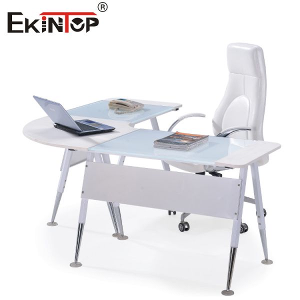 Buy Modern Glass L Shaped Office Desk With Silver Legs at wholesale prices