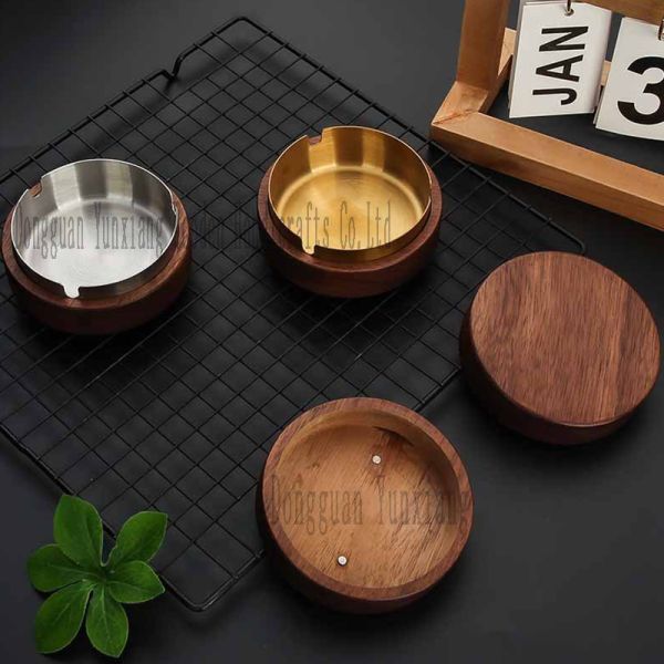 Wooden Ashtray with Lid for Smokers Stainless Steel Liner Ash Tray Windproof Durable Easy to Clean Cool Ashtrays