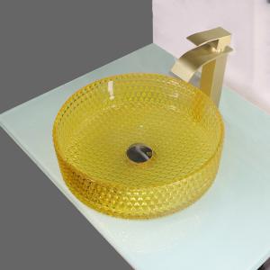 Yellow Crystal Glass Wash Basin Cylindrical Shape Countertop Vessel Sink