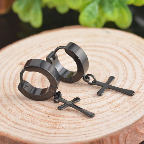 Circle Round cross earrings for men Stainless Steel Pendant Stud Earrings Punk Rock Style Male Men Earrings Jewelry