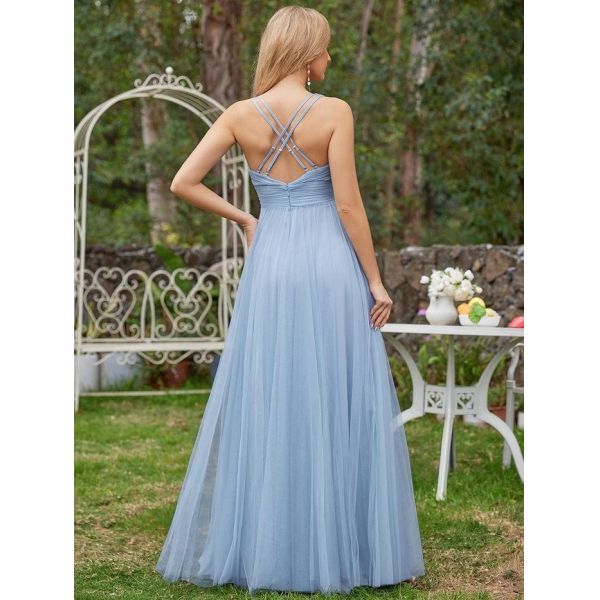Charming Empire Beaded Sleeveless V-neck Ruffled Spaghetti Strap A-line Pink Tulle Evening Dress