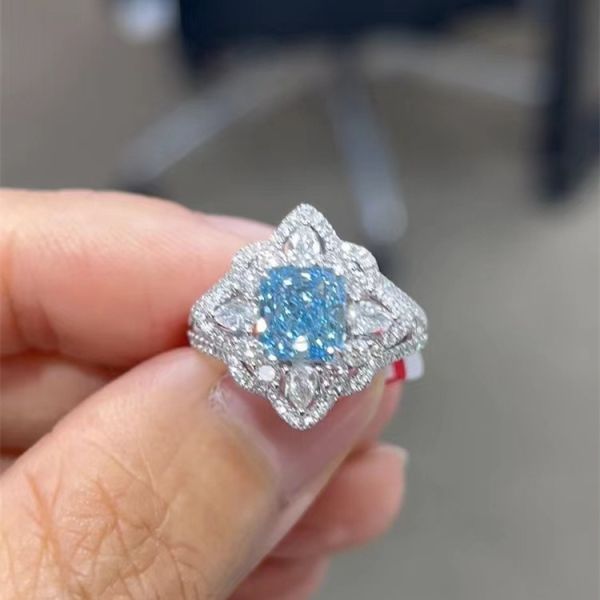 Synthetic Blue Lab Diamond Jewelry VVS Cushion Cut Engagement Ring