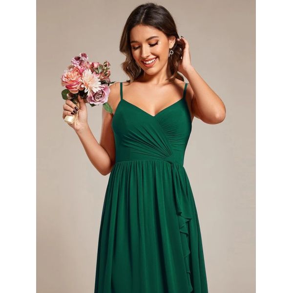 Elegant Maxi V-neck Lotus Leaf Pleating Spaghetti Strap A-line Dark Green Chiffon Evening Dress