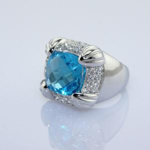 925 Sterling Silver Blue Topaz Cubic Zirconia Ring(F59)