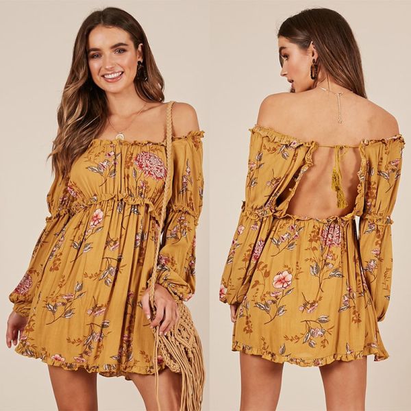 Buy Boho Summer Printed Mustard Floral Mini Women Casual Dresses at wholesale prices