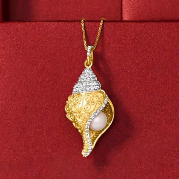 Buy 6mm Cultured Pearl White Topaz Seashell Pendant Necklace in 18kt Gold Over Sterling at wholesale prices