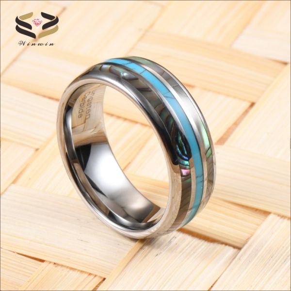 Third Party Appraisal Certified 8mm Abalone Shell Turquoise Inlay Tungsten Silver Wedding Band for Men