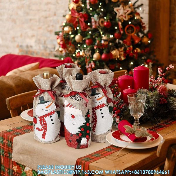 Christmas Wine Bags, Wine Bottles Gifts, Burlap Wine Drawstring Bags Holiday Burlap Wine Bags, Bottle Cover