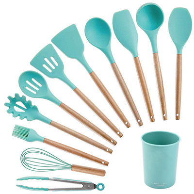 Buy Green Silicone Kitchen Cooking Utensils Set With Wooden Bamboo Handles at wholesale prices