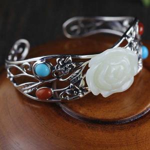 Women 925 Sterling Silver Sculptured White Jade Cuff Bracelet(059489)