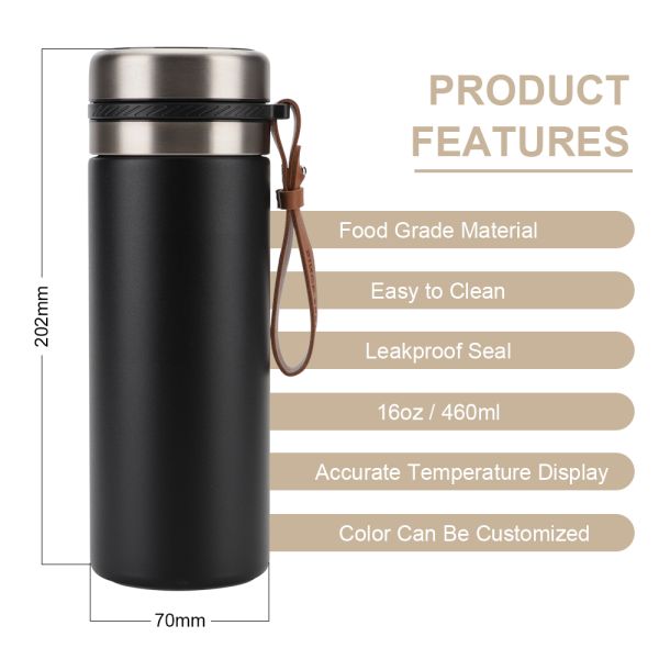Tea Infuser Bottle Coffee thermos Smart Sports Water Bottle with LED Display Travel Tea Mug with Stainless Steel Filter