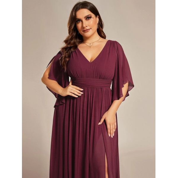 Empire Plus Size V-neck Ruffled A-line Invisible Zipper Half Flutter Sleeves Burgundy Chiffon Homecoming Dress
