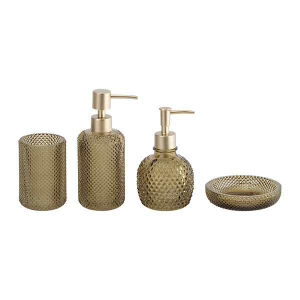 Buy Glass bathroom accessories set green color round shape with small dot hand wash dispenser toilet brushes tumbler holder at wholesale prices