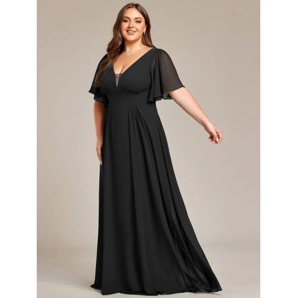 Simple V-neck Zipper Short Sleeves Empire Waist A-line Maxi Ruffled Dark Green Chiffon Bridesmaid Dress