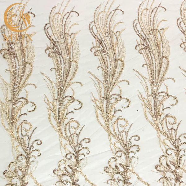 Buy Customized Gold Heavy Beaded Embroidery Lace Fabrics By The Handmade at wholesale prices