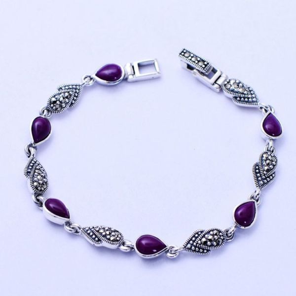 Thai 925 Vintage Sterling Silver Synthetic Sugilite Tennis Bracelet (XH052535W)
