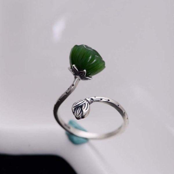 Sterling 925 Silver Sculptured Lotus Flower Natural Jade Gemstone Ring (060006)