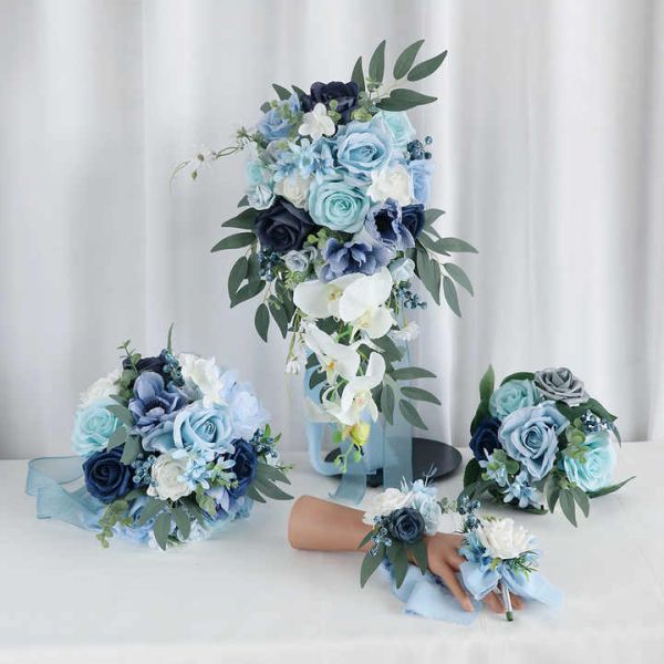 Ice Blue Rose Bride Holding Flowers Bridesmaid Bouquet Wedding Corsage Wrist Flower Wedding Artificial Flowers