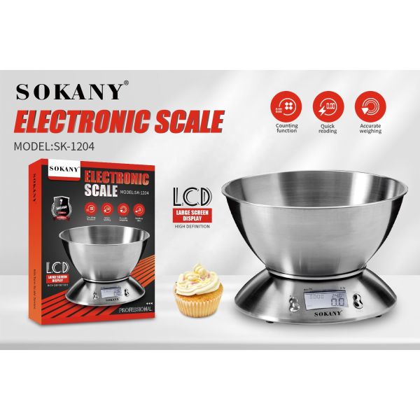 Digital Display Sokany 1204 304 Stainless Steel Electronic Weight Food Kitchen Scale for Cooking/Bakery 15.9*3*21cm