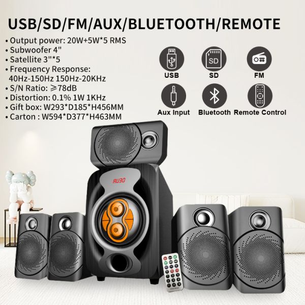 5.1 Home Theater Speaker System with 90W Output Power and USB/SD/FM Support Apt-x