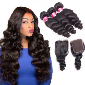 3 Bundles With A Closure Indian Remy Human Hair Extensions 3.5OZ Weight