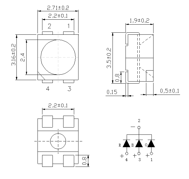 SMD3528 3.5mm X 2.8mm RGB LED Diode PCT Bracket 120deg 4pins Common Cathode Clear Lens