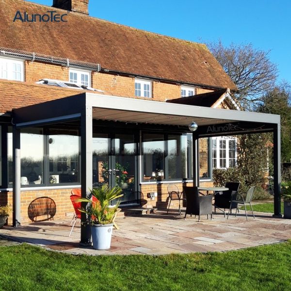 Electric Louvered Pergola 10x20ft Integrated LED Lighting And Side Screens Adjustable Rainproof Roof