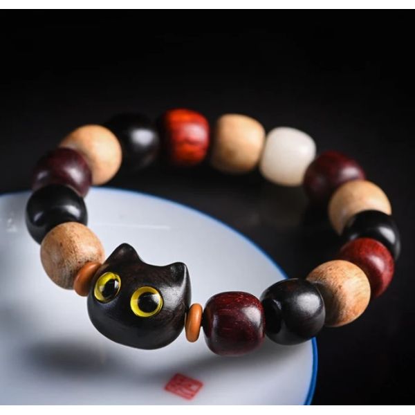 Small Leaf Red Sandalwood Bracelet Cute Cat Engraved Ebony Wood Protection